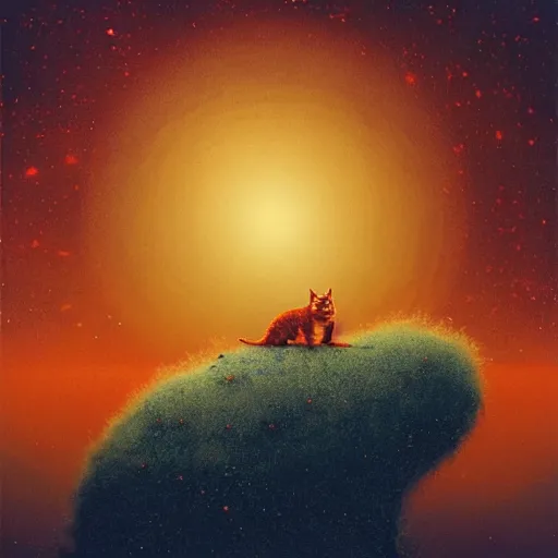 Image similar to A fuzzy orange cat sitting on planet earth, space with stars in the background, trending on artstation, 3D animation, by Beksinski