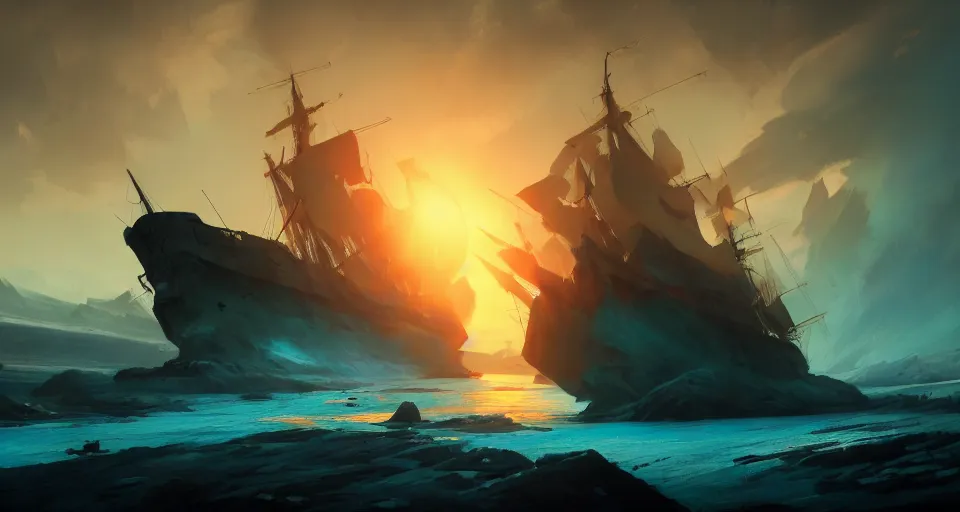 Prompt: concept art by jama jurabaev, cel shaded, cinematic shot, trending on artstation, high quality, brush stroke, vibrant colors, sunset glow, a mysterious giant ghost ship trapped in the glacier