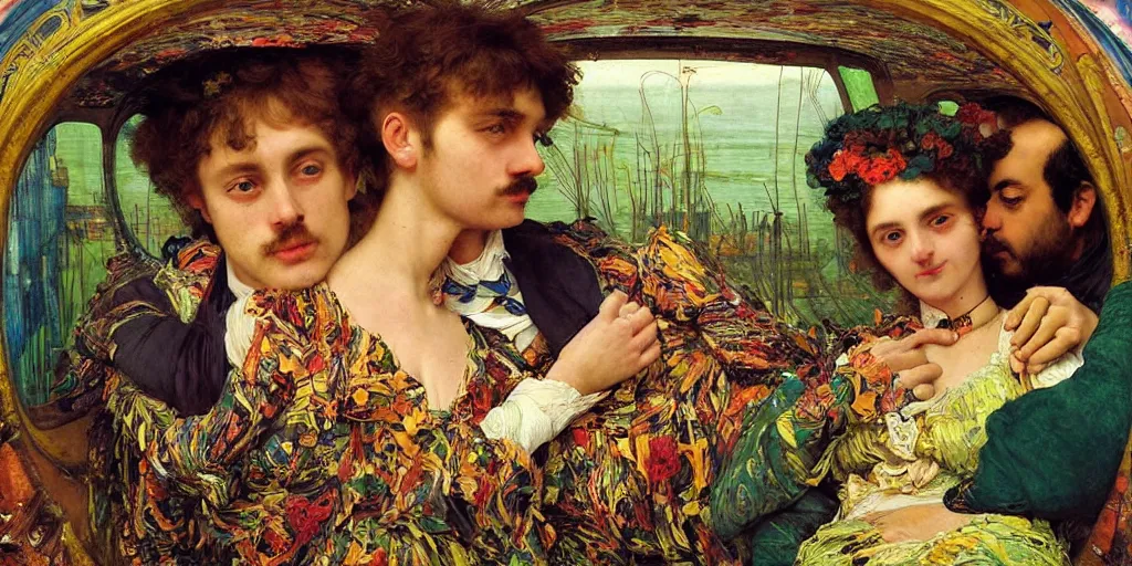 Prompt: detailed colourful masterpiece of photography couple portrait sat down extreme closeup, inside an underwater train, wearing unusual clothes, by william powell frith and ford maddox brown and frederic leighton and john william waterhouse