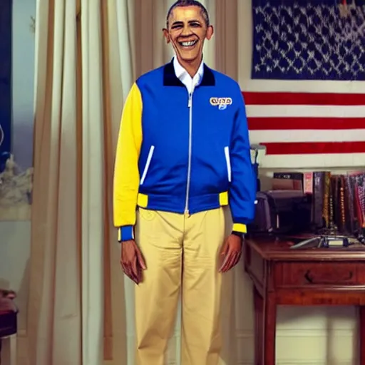 Prompt: realistic photo of casual barack obama wearing a royal blue varsity jacket with yellow sleeves