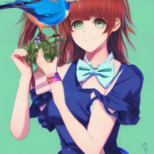 Image similar to colored pencil, anime art, beautiful full body female pinup girl, she is holding an indigo bunting bird, in her hand, the bird is wearing a bowtie, wlop, rossdraws sakimimichan, ilya kuvshinov, krenz cushart