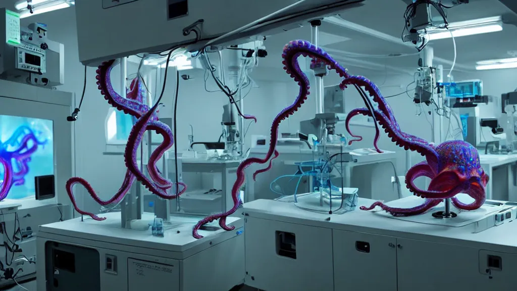 Prompt: a complex bifurcated surgical arm hack mri 3 d printer machine making colorful mutant octopus forms and control panels in the laboratory inspection room, film still from the movie directed by denis villeneuve with art direction by salvador dali, wide lens