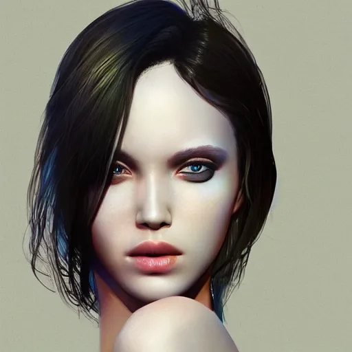 Image similar to half - electric woman, cute - fine - face, pretty face, oil slick hair, realistic shaded perfect face, extremely fine details, realistic shaded lighting, character design by kan liu