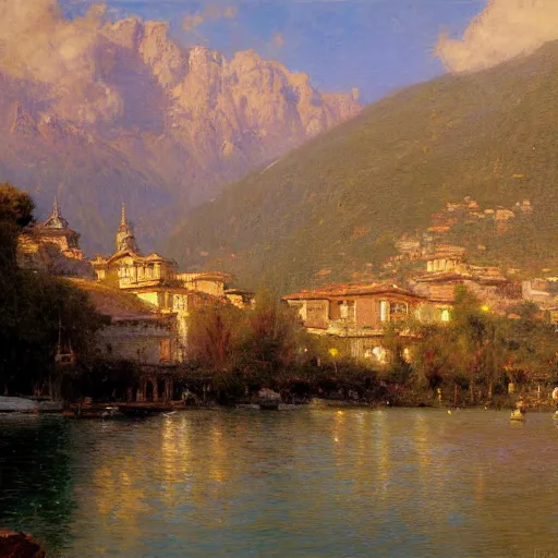 Image similar to detailed cinematic wide shot of lake como, ultra realistic, spring light, painting by gaston bussiere, craig mullins, j. c. leyendecker