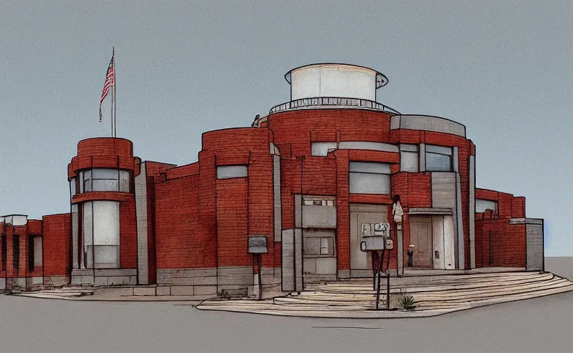 Image similar to police station.By rFrank Lloyd Wright, illustration, digital painting, highly detailded