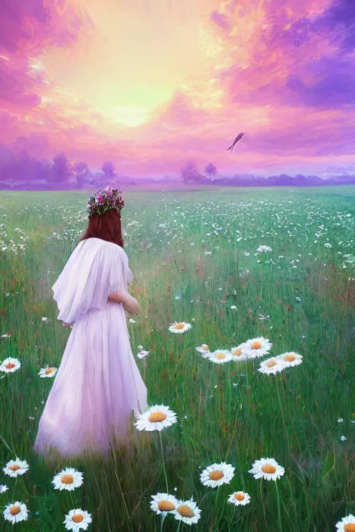 Image similar to giant white daisy flower crown head, veil girl walking in a flower field, surreal photography, sunrise, dramatic light, impressionist painting, colorful clouds, digital painting, artstation, simon stalenhag