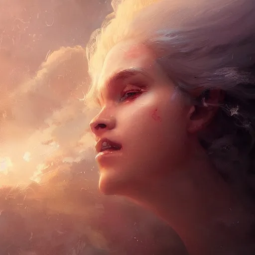 Image similar to a beautiful portrait of a cloud goddess by Greg Rutkowski and Raymond Swanland, Trending on Artstation, ultra realistic digital art