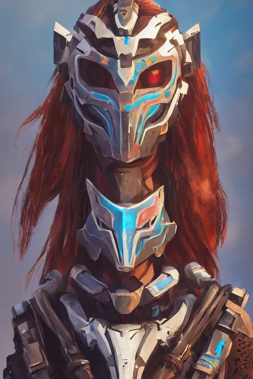 Image similar to combination suit armor aloy horizon forbidden west horizon zero dawn radiating a glowing aura global illumination ray tracing hdr fanart arstation by ian pesty and alena aenami artworks in 4 k tribal robot ninja mask helmet backpack