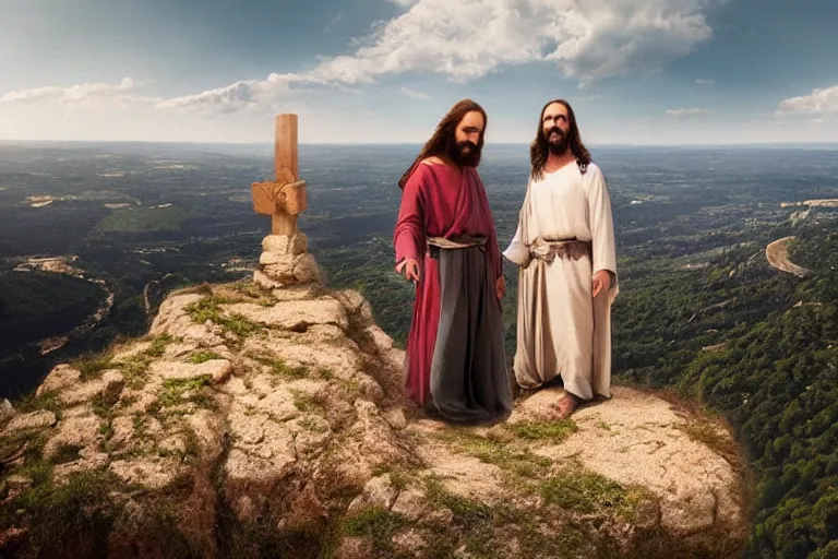 Prompt: selfie from a mobile phone of jesus and mary magdalene standing on a cliff looking over a beautiful landscape in france, rennes - le - chateau, award winning photo, very detailed, very realistic cinematic