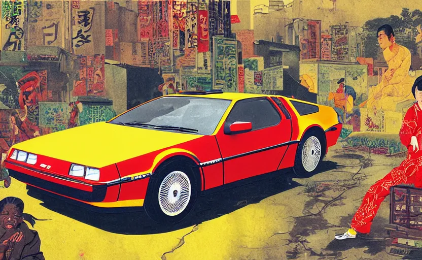 Image similar to a red delorean and a yellow tiger in ajegunle slum of lagos - nigeria, painting by hsiao - ron cheng, utagawa kunisada & salvador dali, magazine collage style,