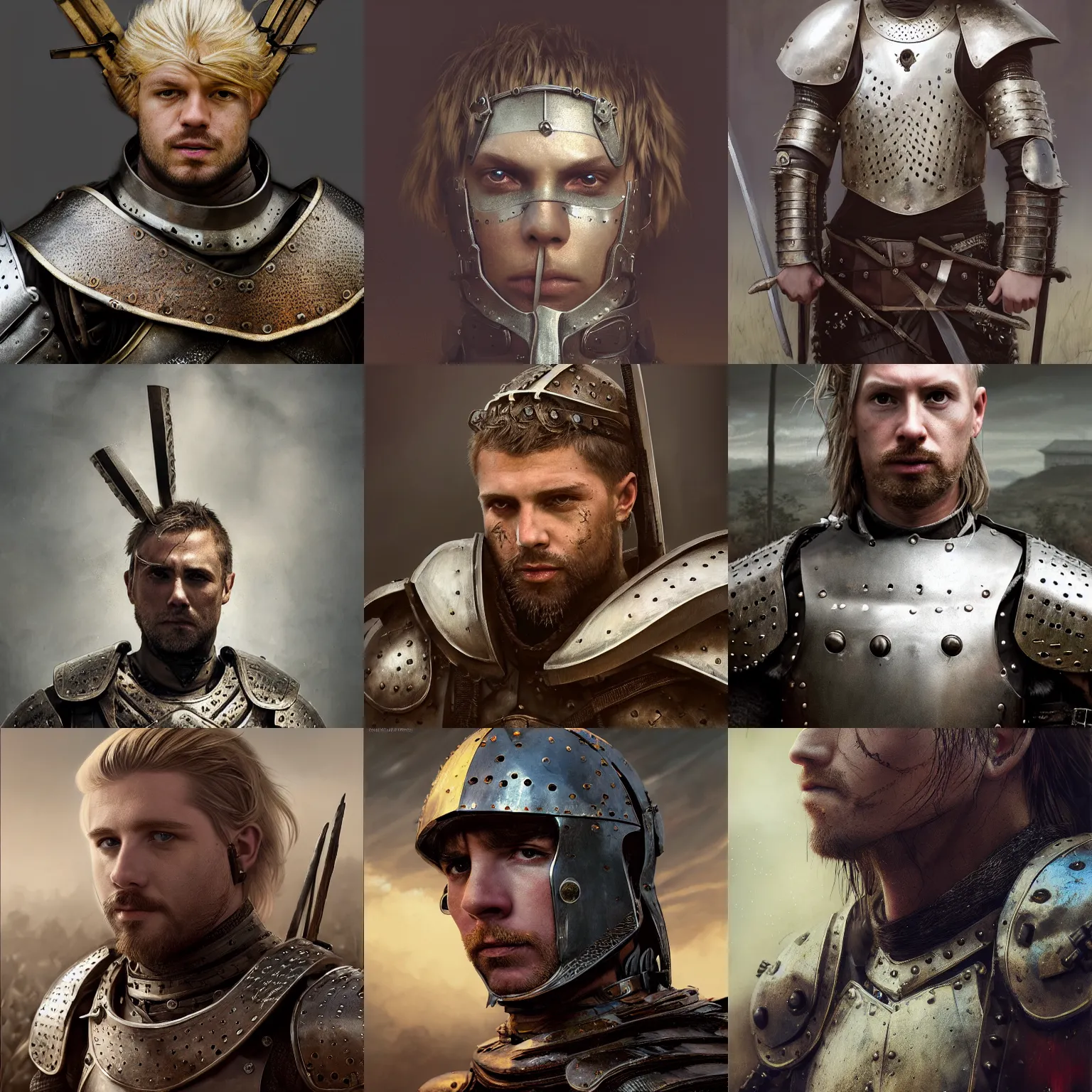 Prompt: headshot of male medieval warrior intricate cuirass, short dirty blond hair, dirty face, realistic cinematic lighting, solid background, fantasy, photorealistic, octane renderer, award winning, greg rutkowski, wlop, yuumei, artgerm, tom bagshaw, donato giancola, wadim kashin, ilya kuvshinov, andrei markin