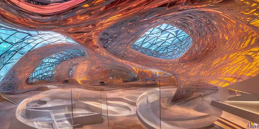 Image similar to extremely detailed stunning beautiful futuristic smooth curvilinear museum interior, colorful, hyper real, 8k, 3D cinematic volumetric light