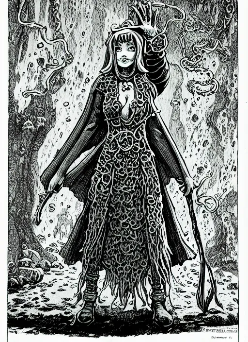 Prompt: a girl made of slime dressed as a cute mage, as a d & d monster, full body, pen - and - ink illustration, etching, by russ nicholson, david a trampier, larry elmore, 1 9 8 1, hq scan, intricate details, inside stylized border