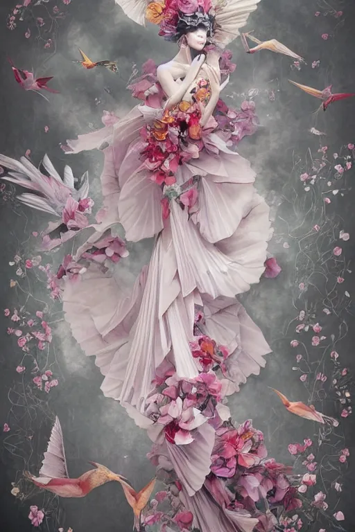 Image similar to full length fashion illustration of a beautiful girl wearing an origami dress, eye - level medium shot, fine floral ornaments in cloth and hair, hummingbirds, elegant, by eiko ishioka, givenchy, by peter mohrbacher, centered, fresh colors, origami, fashion, detailed, serene, dreamy, vogue, japanese, reallusion character creator