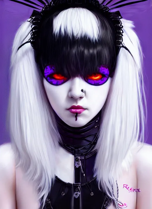 Image similar to whitebangs, black hair, black cyberlox, portrait of white teenage girl, normal face, white bangs, fluffy bangs, cyberlox, whitebangs, red contact lenses, purple background, intricate, elegant, highly detailed, digital painting, artstation, concept art, sharp focus, smooth, illustration, art by wlop, mars ravelo and greg rutkowski