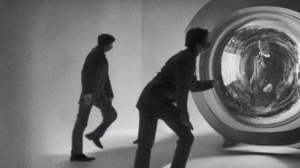 Image similar to an mri slice of james cavell in the living room, film still from the movie directed by denis villeneuve with art direction by salvador dali, wide lens