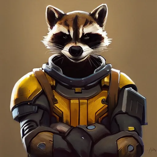 Image similar to greg manchess portrait painting of armored rocket raccoon as overwatch character, medium shot, asymmetrical, profile picture, organic painting, sunny day, matte painting, bold shapes, hard edges, street art, trending on artstation, by huang guangjian and gil elvgren and sachin teng