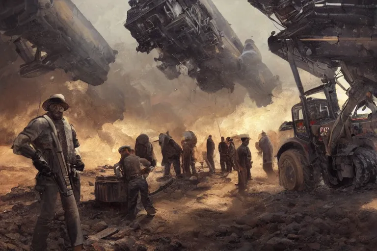 Image similar to intense dramatic still of a ragtag group of miners and factory workers with improvised weapons and firearms, a black p - 5 0 0 0 powered loader, on the surface of an asteroid, outside of a high tech industrial building, oil painting by charles frederic ulrich, jason ryan artstation, greg rutkowski, trending on artstation, incredible detail