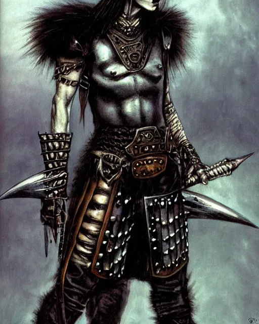 Image similar to portrait of a skinny punk goth warrior wearing armor by frank fazetta, fantasy, barbarian, hardcore