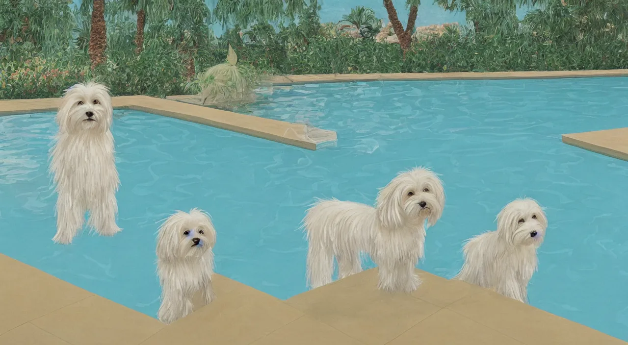 Prompt: a cream colored havanese dog at the swimming pool at a mid century modern house in palm springs by david hockney