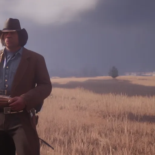 Prompt: Film still of Anton Chigurh, from Red Dead Redemption 2 (2018 video game), no hat, no text