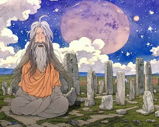 Image similar to a hyperrealist studio ghibli watercolor fantasy concept art of a giant long haired grey witch in lotus position sitting on top of stonehenge with a starry sky in the background. a group of tiny monks are prostrating them themselves. by rebecca guay, michael kaluta, charles vess