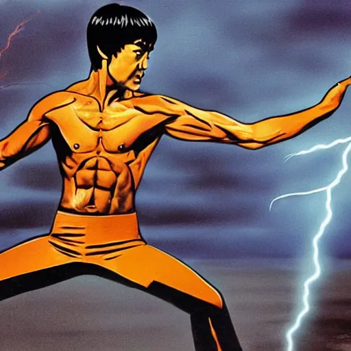 Image similar to Bruce Lee doing a kick in front of a lightning striking in the background,HD, high resolution, hyper realistic, 4k, intricate detail