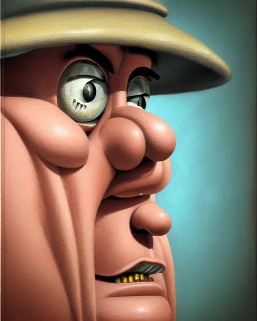 Prompt: closeup face profile portrait of a tin toy jacques tati, hyper realistic, artstation, illustration, nicoletta ceccoli, mark ryden, lostfish, max fleischer, digital paint, matte paint, vivid colors, dark, sinister, detailed and intricate environment