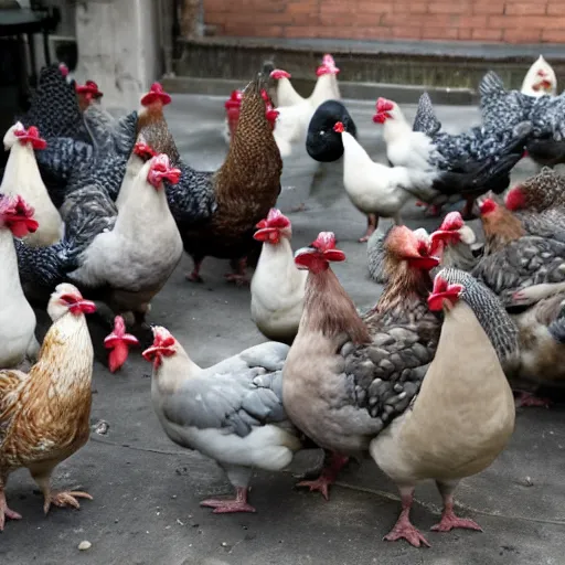 Image similar to a social gathering of gangster chickens and pigeons