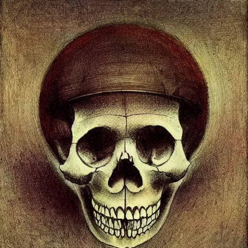 Prompt: A beautiful mixed media art of a skull that is part organic, part mechanic. It is an accurate representation of how the artist sees the world. dolls house by Alfred Kubin balmy