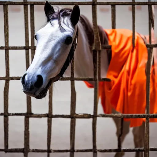 Image similar to horse with orange inmate clothes, in a jail