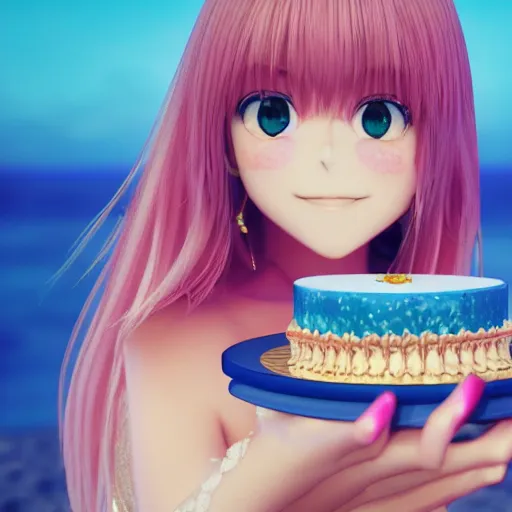 Image similar to Render of a beautiful 3d anime woman holding a birthday cake to show the camera, long light pink hair, full bangs, hazel eyes, cute freckles, full round face, smug smile, Chinese heritage, cute checkerboard sundress, golden hour, serene beach setting, medium shot, mid-shot, hyperdetailed, trending on Artstation, Unreal Engine 4k