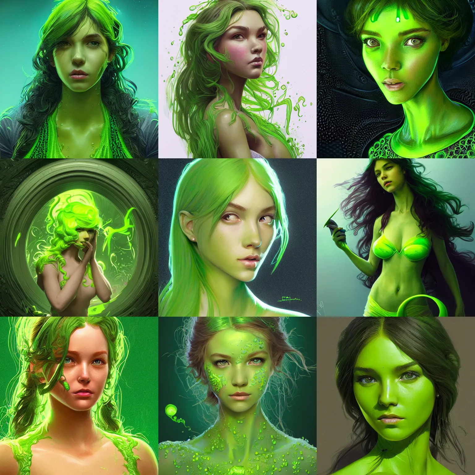 Prompt: cute lime green slime girl, Mark Edward Fischbach, intricate, highly detailed, digital painting, artstation, concept art, smooth, sharp focus, illustration, Unreal Engine 5, 8K, art by artgerm and greg rutkowski and alphonse mucha