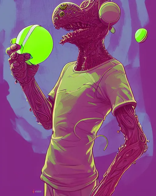 Prompt: a tennis ball monster with a tennis racquet, bust shot, smooth, intricate, elegant, power aura, digital painting, artstation, concept art, sharp focus, illustration, art by josan gonzalez