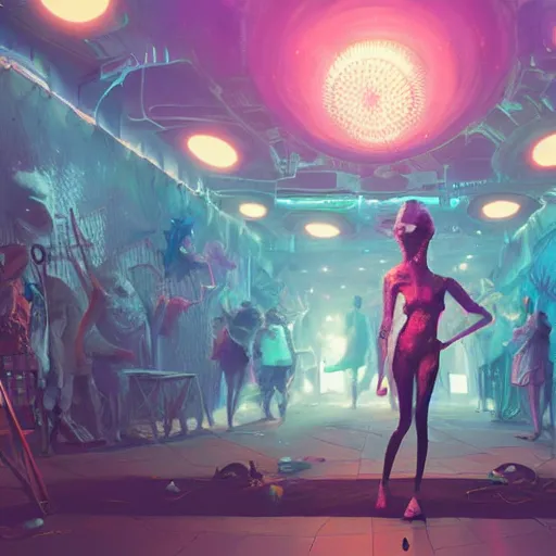 Image similar to highly detailed surreal vfx, 3 d matte render, vr goggles, mannequins, dj rave party, stephen bliss, unreal engine, greg rutkowski, loish, rhads, beeple, makoto shinkai and lois van baarle, ilya kuvshinov, rossdraws, tom bagshaw, global illumination, detailed and intricate environment