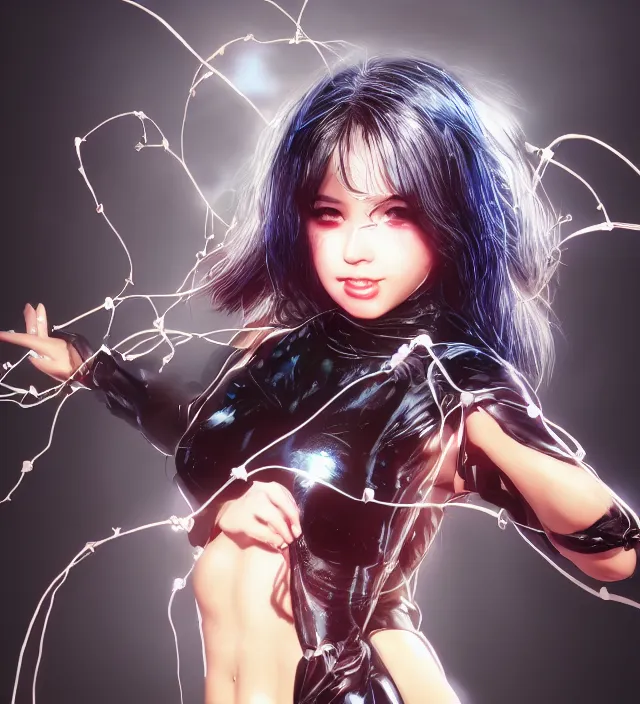 Image similar to hd photo poster portrait of a cute young cosplay girl complicated synaptic particles wires in miura kentaro gantz frank miller jim lee style detailed cinematic depth of field trending award winning on flickr artstation