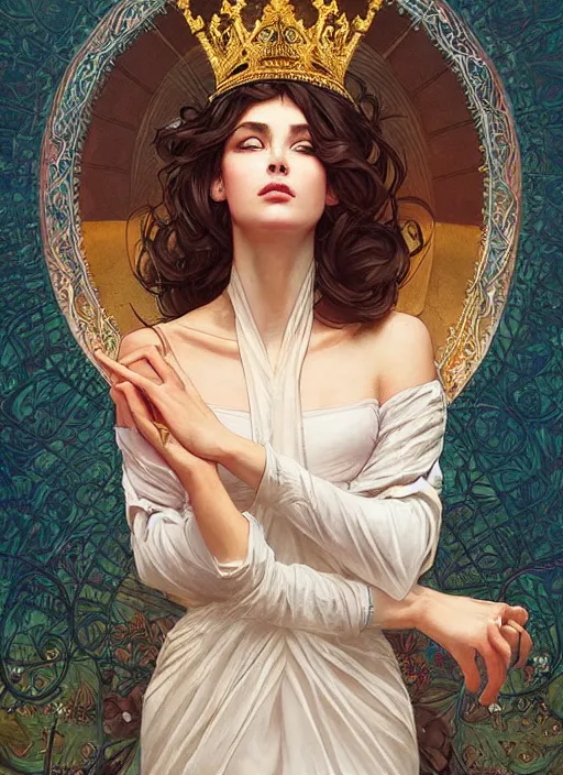 Image similar to queen, dainty wilder face, incredibly detailed face, pretty face, light dress, true anatomy, art by artgerm and greg rutkowski and alphonse mucha