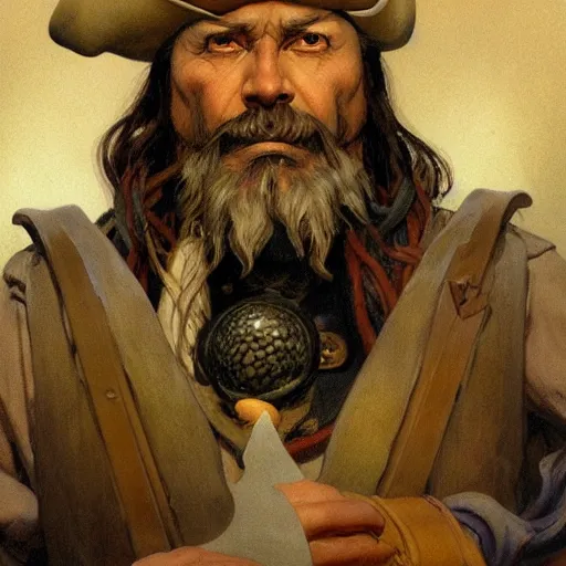 Prompt: N. C. Wyeth painting bearded pirate, painted fantasy character portrait, headshot, fantasy, highly detailed, digital painting, artstation, concept art, sharp focus, illustration, art by the golden age of American illustration archive, N. C. Wyeth, simon bisley and frank frazetta, artgerm and greg rutkowski and alphonse mucha