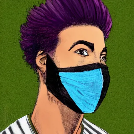 Image similar to professional colored sketch of a full-body view of a stylish young adult man with short hair wearing a black face mask, a striped long-sleeved shirt, and ripped jeans, high quality, HD, 8K, highly detailed, award-winning, dark purple clouds