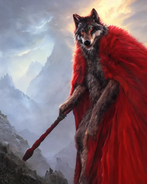 Image similar to oil painting of Anthropomorphized Wolf Shaman, wearing red fur cloak, sharp focus, holding magical lightning staff, magical aura, heroic pose, fantasy style, octane render, volumetric lighting, 8k high definition, by greg rutkowski, highly detailed, trending on art Station, magic the gathering artwork, Dark Volcano Backround, centered