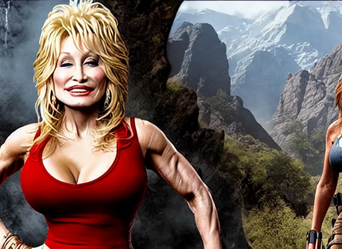 Image similar to film still of!!!! dolly parton!!! as lara croft in new tomb raider movie, 8 k