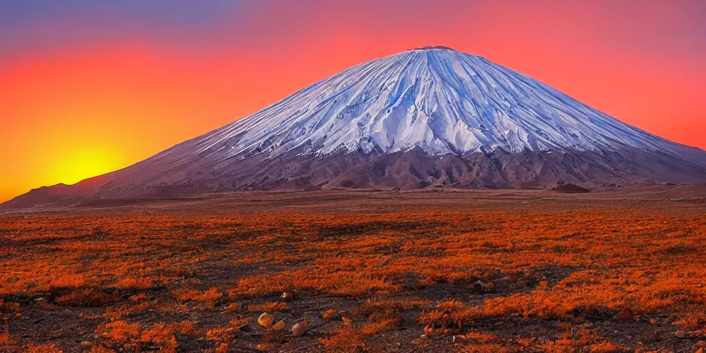 Image similar to damavand mountain in the morning with an orange sun in sky, national geography photo, professional photography