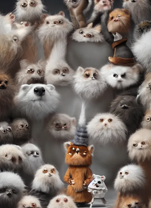 Image similar to wide - angle shot of cute little furry animals, depth of field, zeiss lens, detailed, symmetrical, centered, fashion photoshoot, by nicoletta ceccoli, mark ryden, lostfish, earl nore, hyung tae, frank frazetta, breathtaking, 8 k resolution, extremely detailed, beautiful, establishing shot, artistic, hyperrealistic, octane render