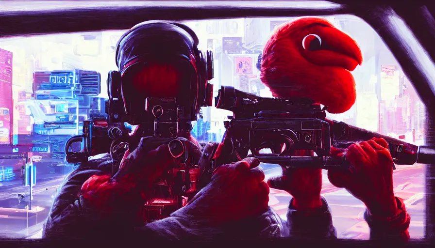 Image similar to elmo!! holding a machine gun leans out of the window of a driving car in cyberpunk, digital art, rendering, hyperrealistic, photorealism