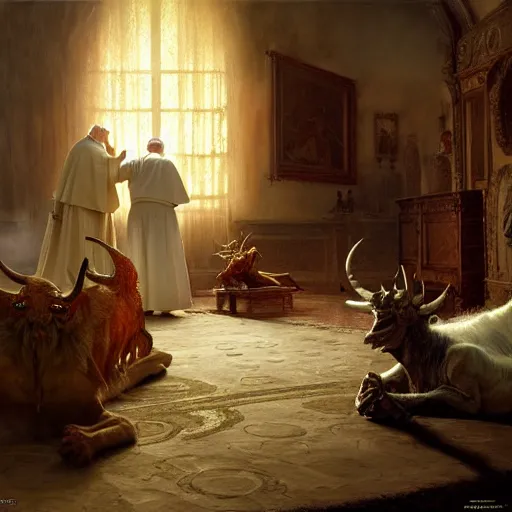 Prompt: the pope is in his bedroom, terrified because a horned demon is attacking him. highly detailed painting by gaston bussiere, greg rutkowski, craig mullins 8 k