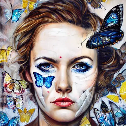 Prompt: Cloudy head, A beautiful face bursting into butterflies. Time goes by as the wind flows by. by Sandra Chevrier intuitive