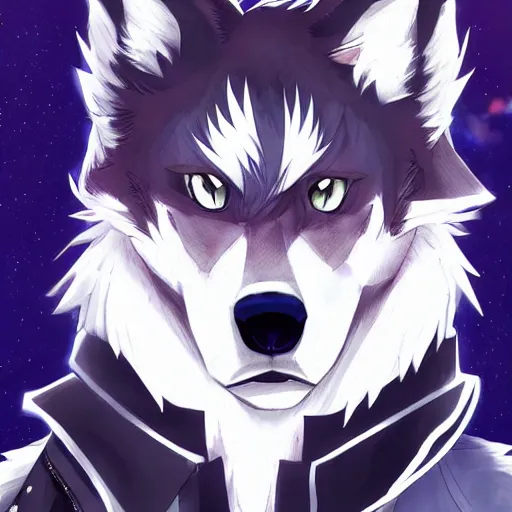 Image similar to key anime visual portrait of an anthropomorphic anthro wolf fursona, in a jacket, with handsome eyes, official modern anime art