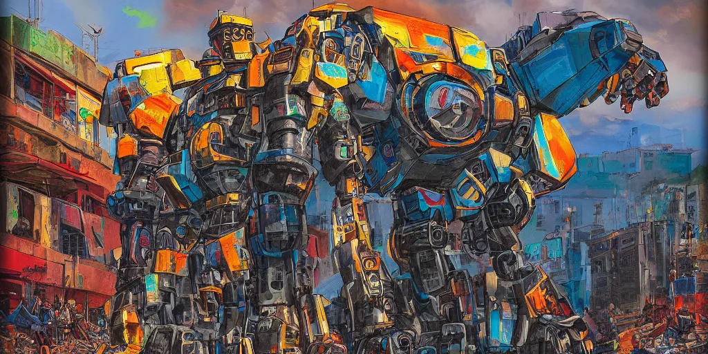 Image similar to colourful - damaged - giant mecha ROBOT of AJEGUNLE SLUMS in Lagos, markings on robot, Golden Hour, in the style Alex ross,