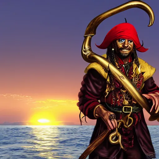 Prompt: a red - skinned horned male tiefling pirate, dungeons and dragons, wearing a pirate coat with shiny gold buckles and a rapier on his hip, standing at the prow of his ship looking out over the water, uhd, high detail, sunset lighting