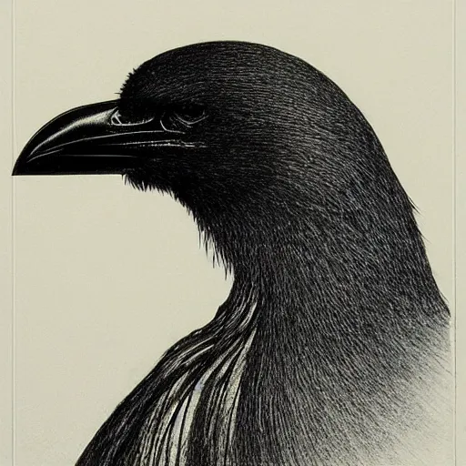 Image similar to industrial drawing of a crow, made of engrenage by zdzisław beksinski